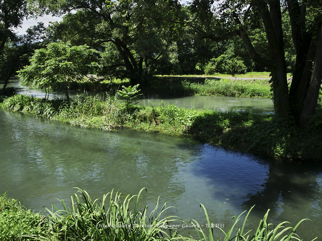 「川辺の風景」の壁紙／Wallpaper of Riverside Scenery in Shinshu (1024×768)