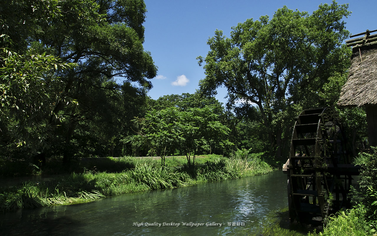 「盛夏の水車」の壁紙／Wallpaper of Water　Wheel in summer (1280×800)